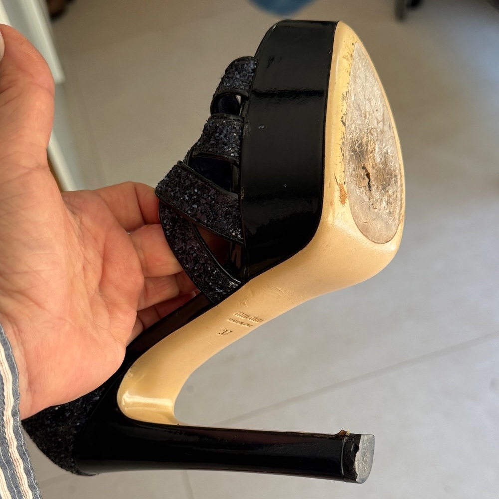 Miu Miu Navy Blue Glitter Platform Ankle-Strap Sandals - Picture 10 of 13